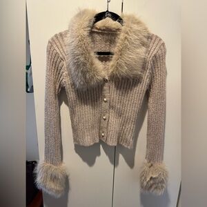 Women's Beige Sweater with Faux Fur Trim